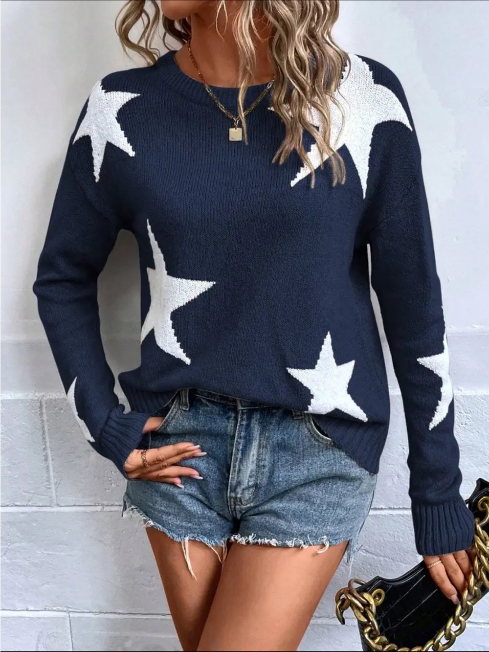 Navy Star Print Crewneck Sweater - White Stars